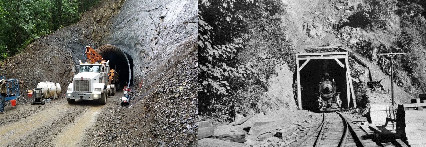 Side-by-side comparison of truck hauling last load of logs through the McFee Tunnel and historic photo of locomotive exiting McFee Tunnel