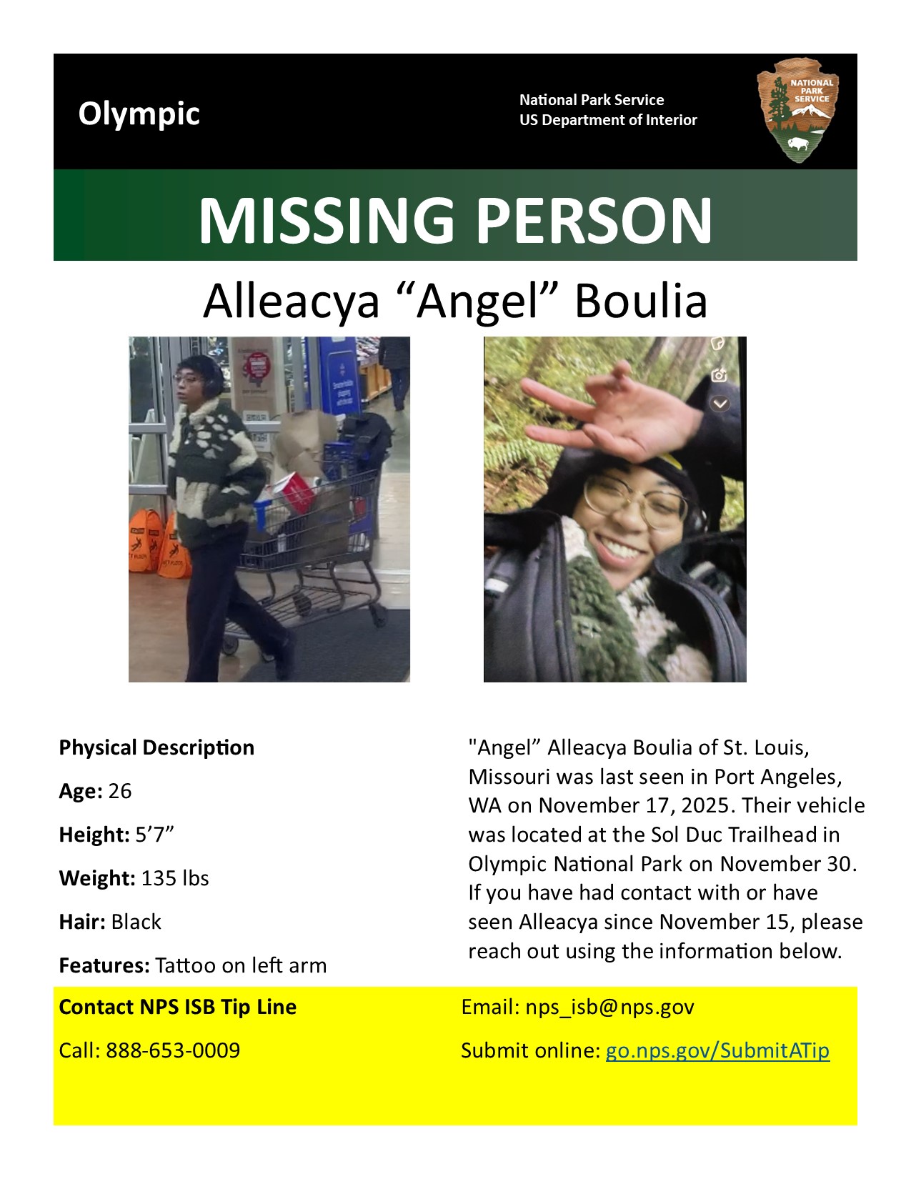 Rangers are asking for help locating "Angel” Alleacya Boulia. Anyone who has information about Boulia’s whereabouts should contact the NPS Investigative Services Branch Tip Line at 888-653-0009, www.nps.gov/ISB, or nps_isb@nps.gov.