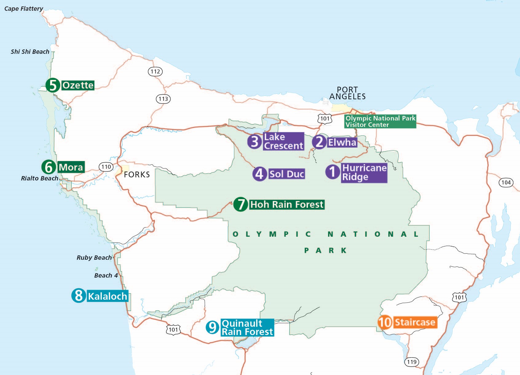 A map of Olympic National Park with the top destinations numbered and labeled.