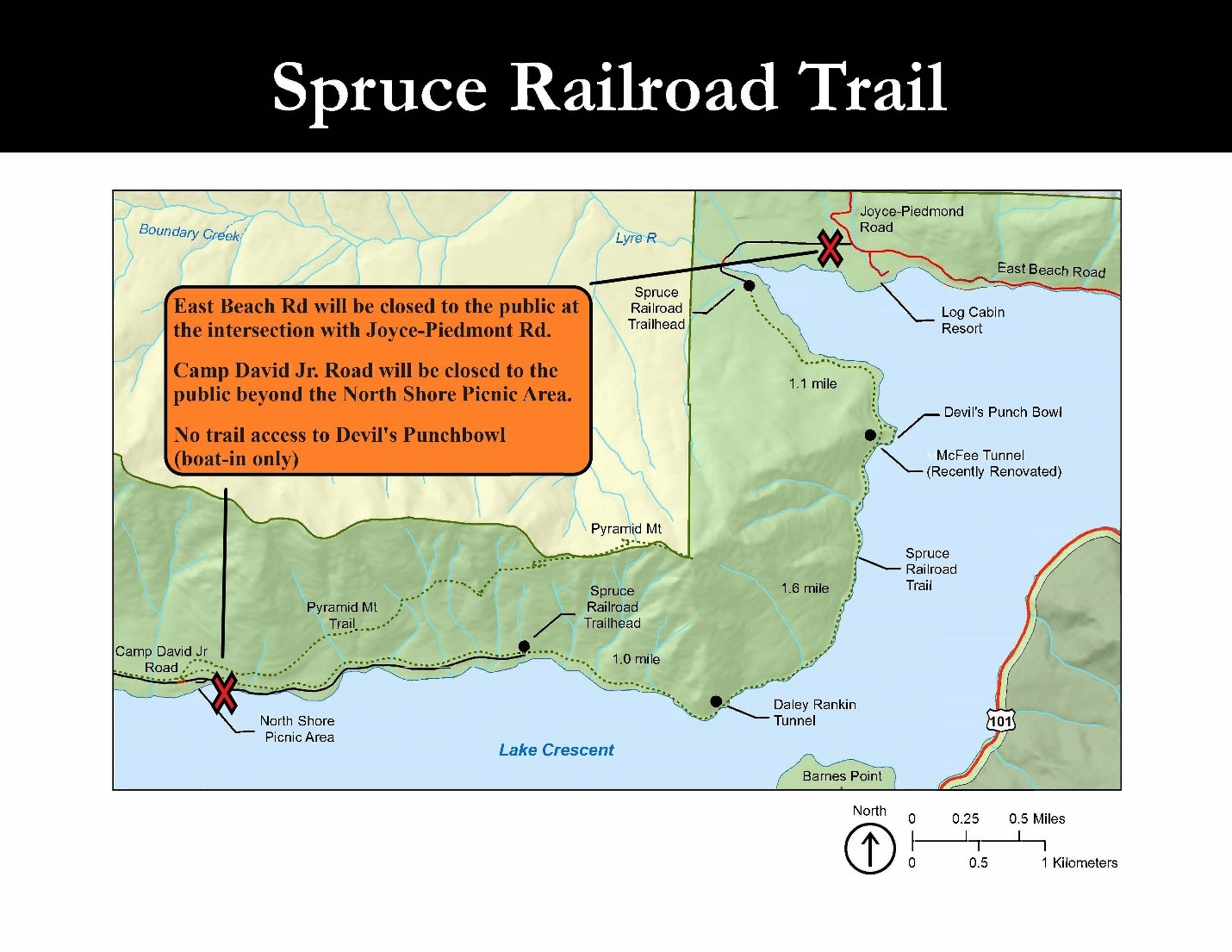Map of full trail closure on Spruce Railroad Trail at Lake Crescent until work is completed in fall 2020