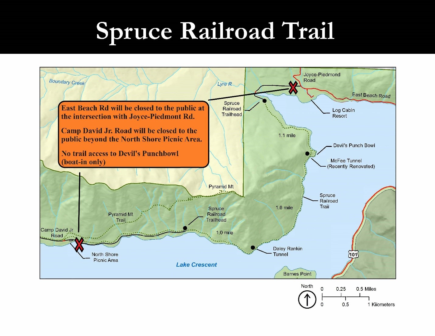 Spruce Railroad Trail Construction Closure Map Map of full trail closure on Spruce Railroad Trail at Lake Crescent until work is completed in fall 2020