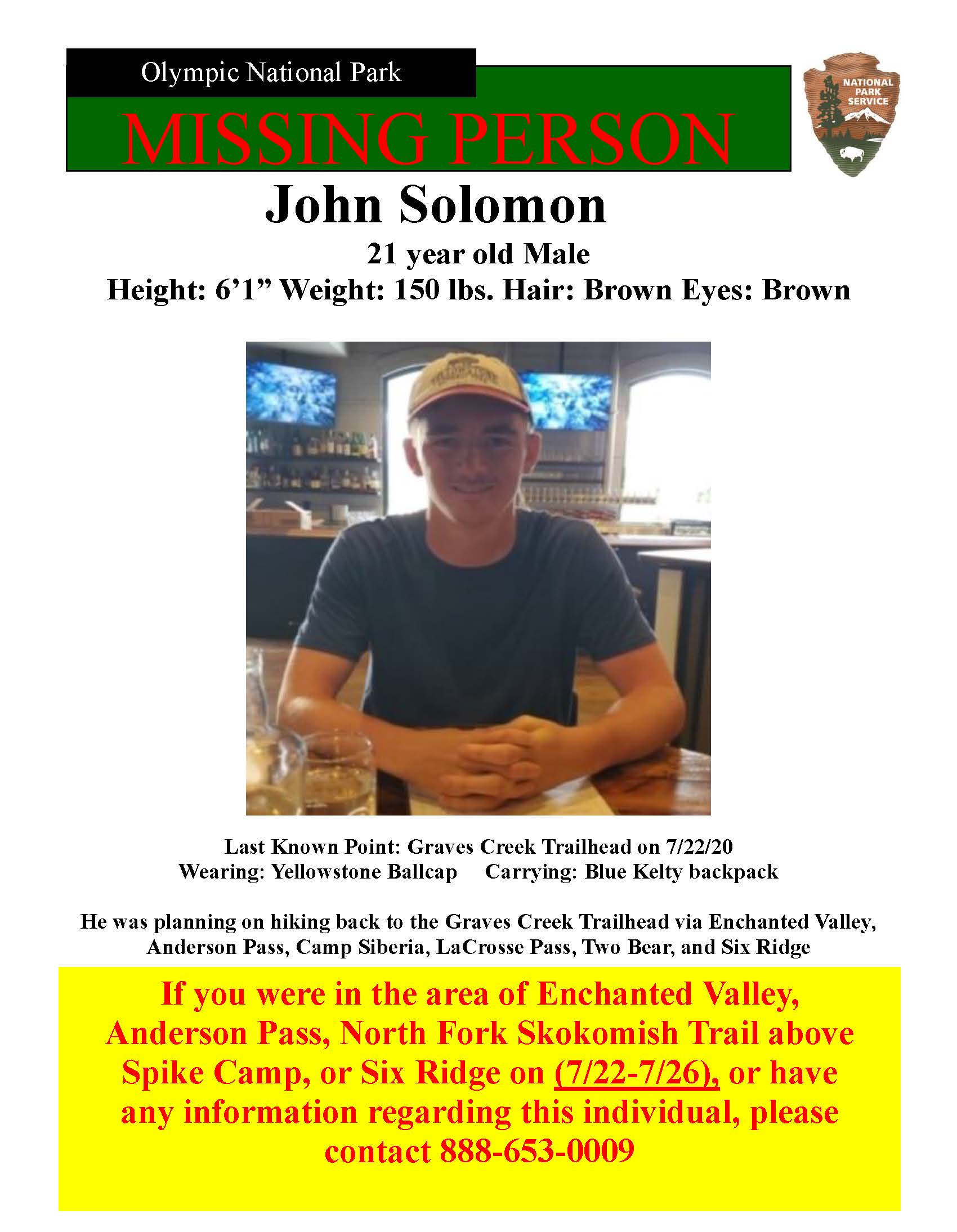 Missing Person poster - John Solomon Missing Person Poster with text from the news release