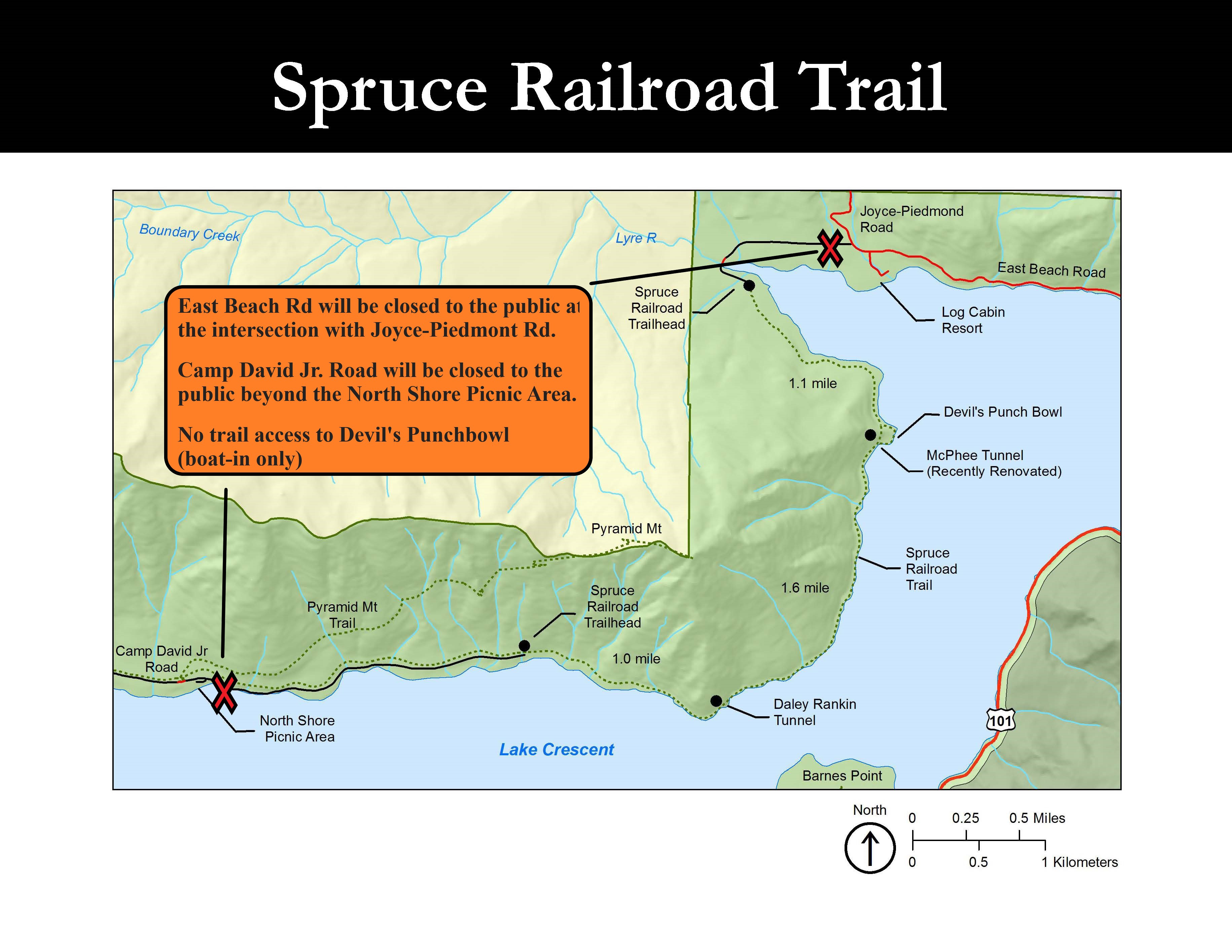 Map of Spruce Railroad Trail closure at Lake Crescent.