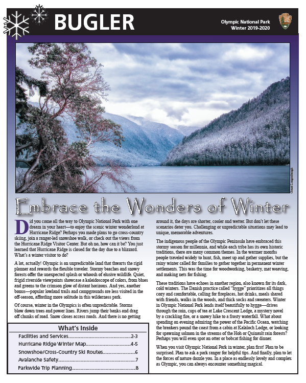 The front page of the winter 2019-2020 Bugler newspaper. A large lake and snowy forest scene.
