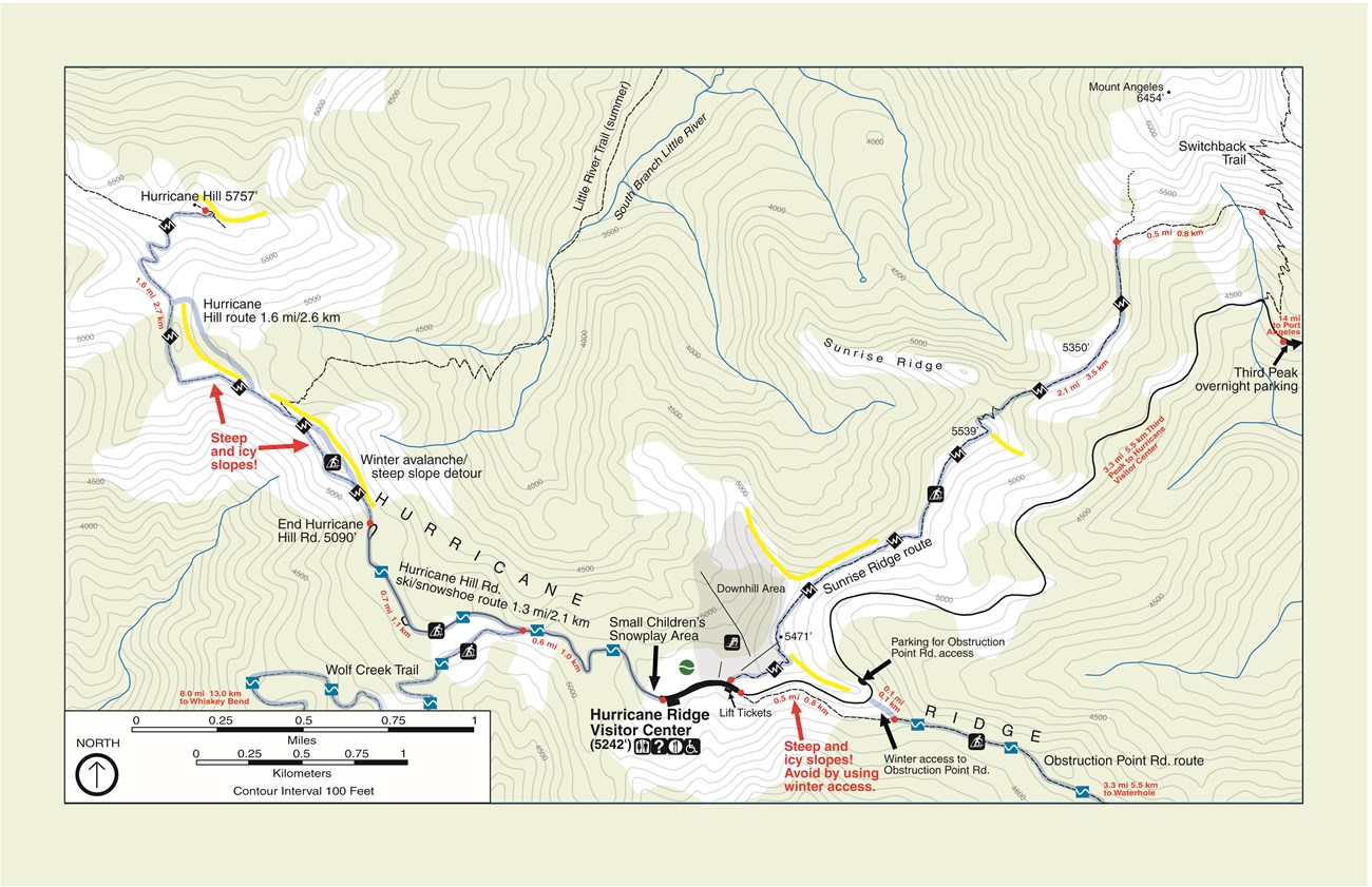 A topographic map of ski trails in the Hurricane Ridge area
