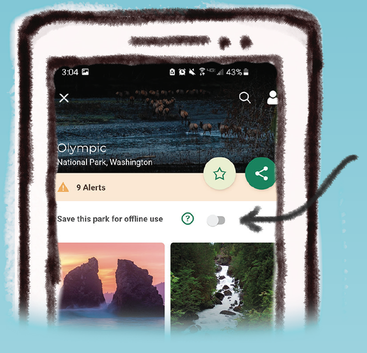 A mobile phone screen of the NPS app. An arrow points to an option to "save this park for offline use."