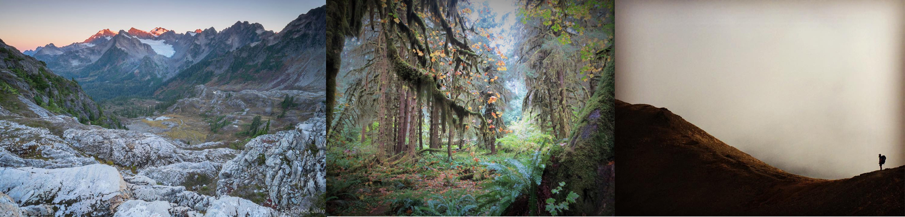 three images, from left: mountains at sunset, green forest with spots of fall color, a hiker on a ridge line surrounded by fog