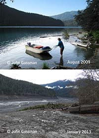 A view of Lake Mills from the northwest shore in 2009 and the same view in 2013 after the last of the lake drained.