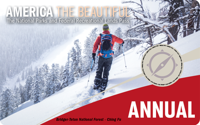 Interagency Annual Pass with an image of a skier traversing a snowy slope.