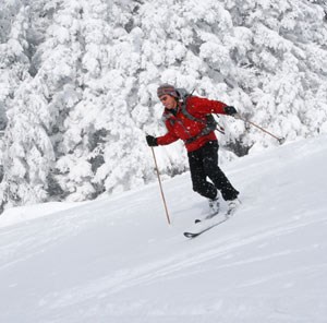Backcountry skier through deep snow.