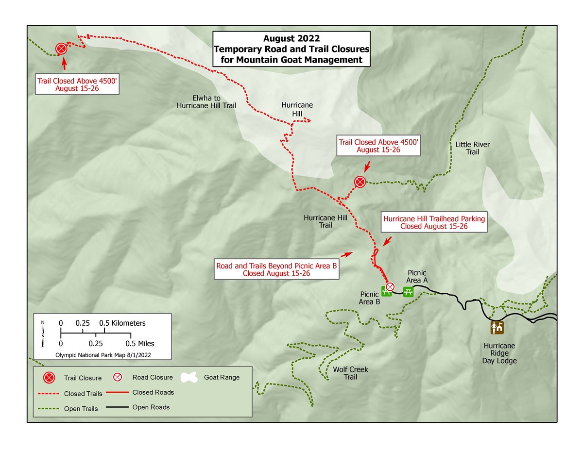 A map of the Hurricane Hill trail titled August 2022 Termporary Road and Trail Closures for Mountain Goat Management. Labels and arrows indicate that the Hurricane Hill Trail is fully closed...full description in image caption.