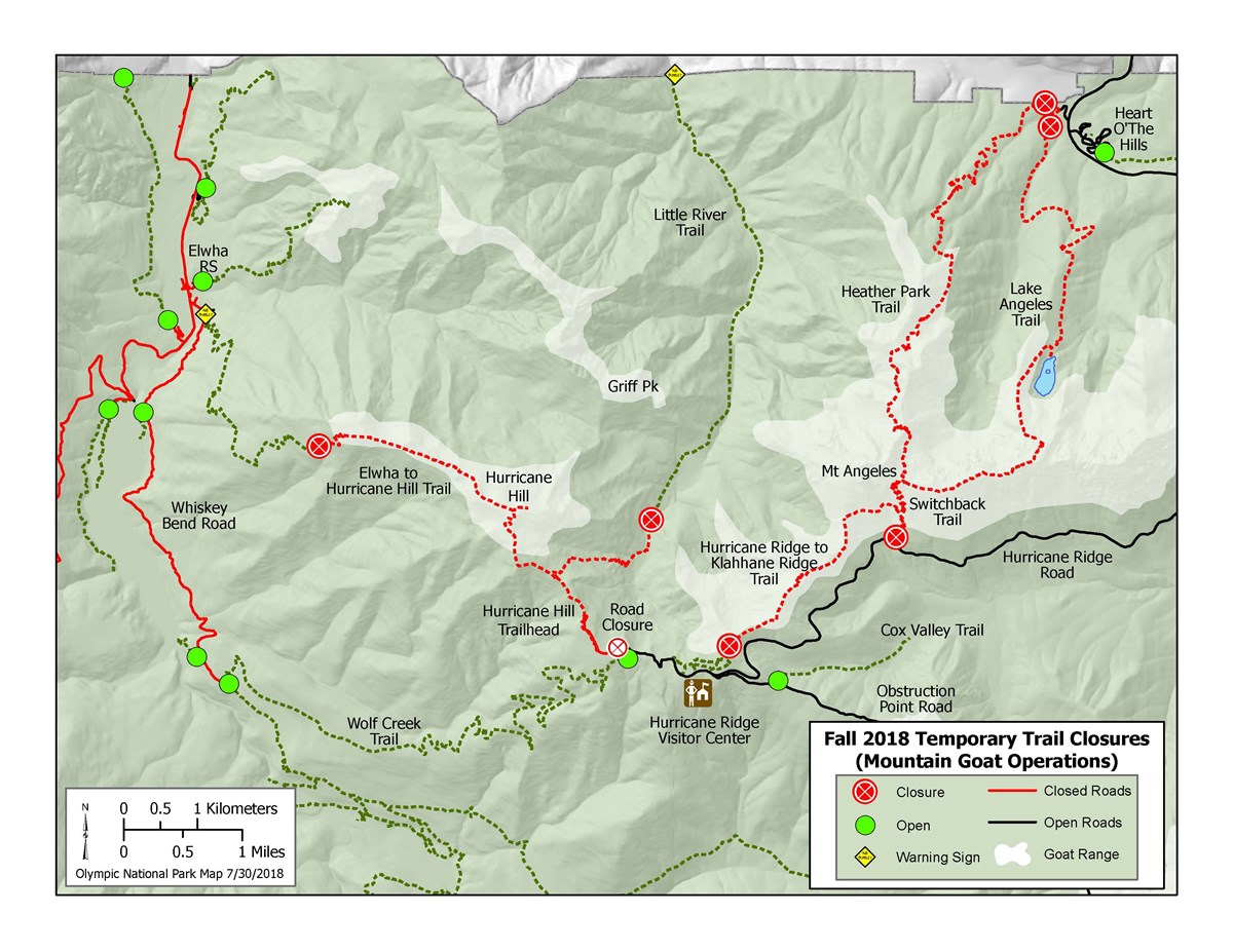 Trail Closures at Hurricane Ridge during mountain goat capture operations Map of Hurricane Ridge area depicting trails closed for mountain goat removal operations