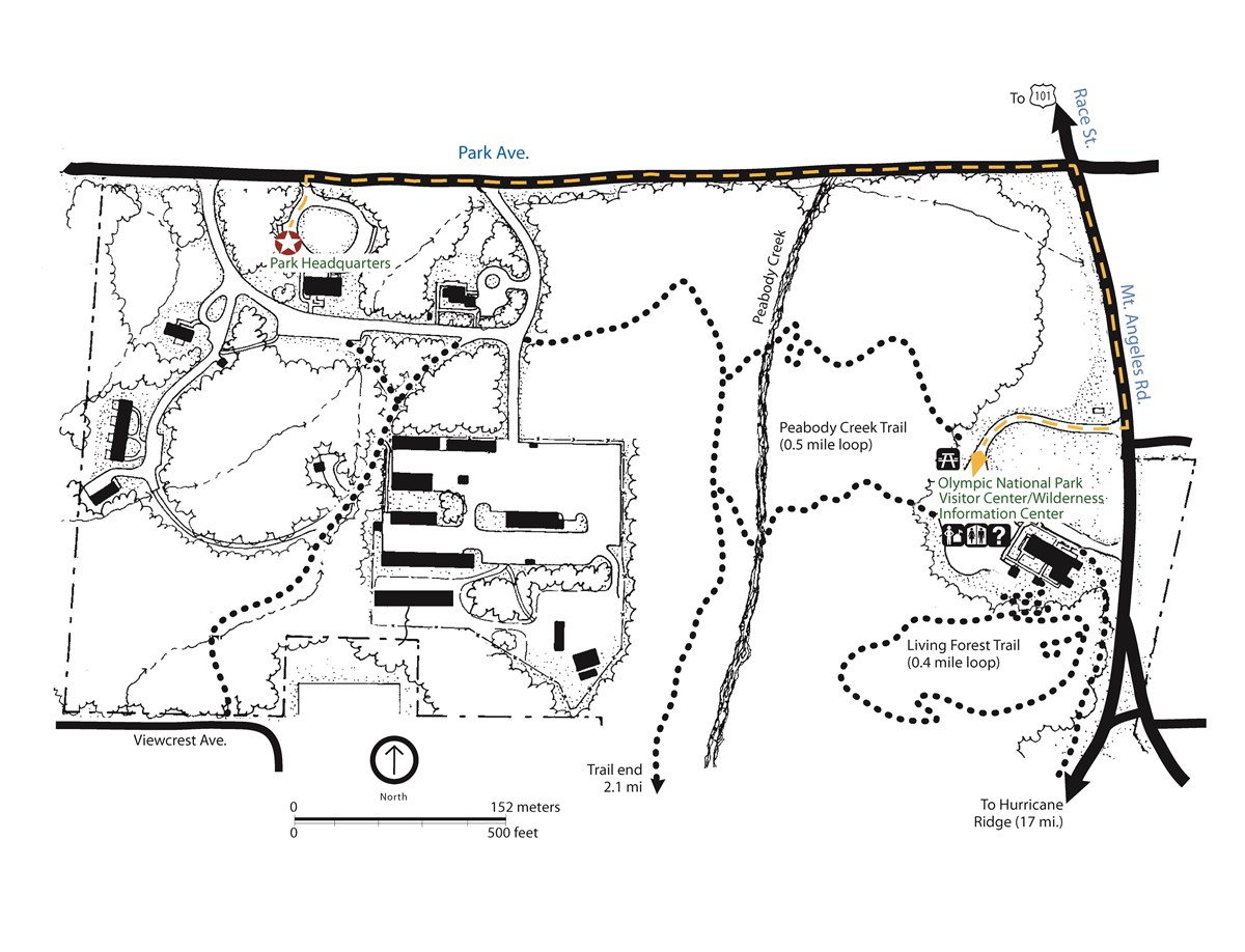 A map of the Olympic National Park headquarters and Visitor Center area, including buildings, roads, and hiking trails.