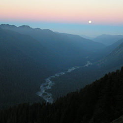 Looking down at sunset over the Hoh River Valley from the High Divide.