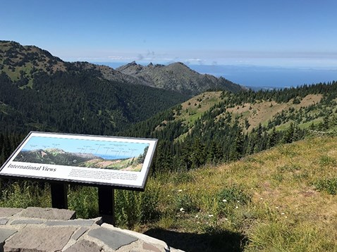 An interpretive sign at a mountain lookout. The sign labels the peaks and points of interest that can be seen from the lookout.
