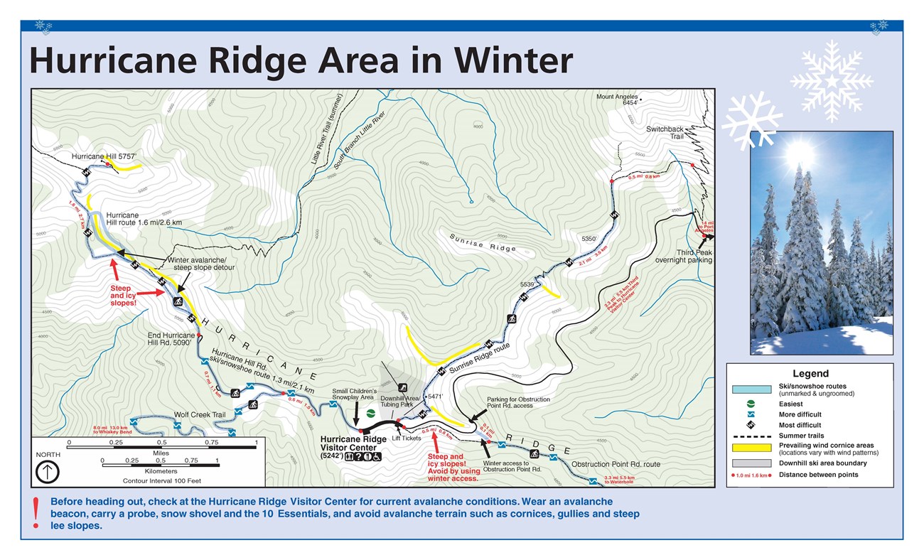 Map of cross-country skiing and snowshoe routes at Hurricane Ridge in winter