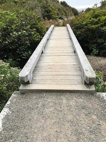 A gravel trail leads to a small wooden pedestrian bridge across a small ravine.