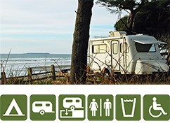 RV trailer in campsite near the Pacific Ocean