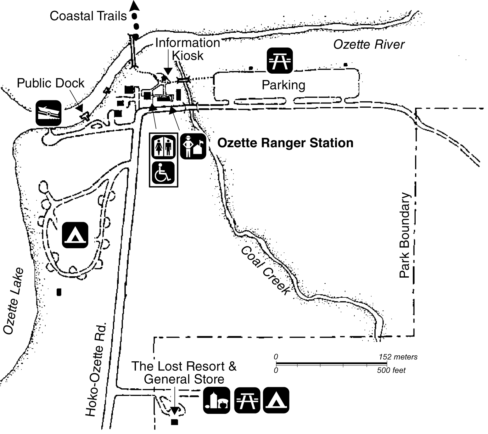 A map of the area around the Ozette Ranger Station, including parking areas, Hoko-Ozette Road, the beginning of coastal trails, and an information kiosk