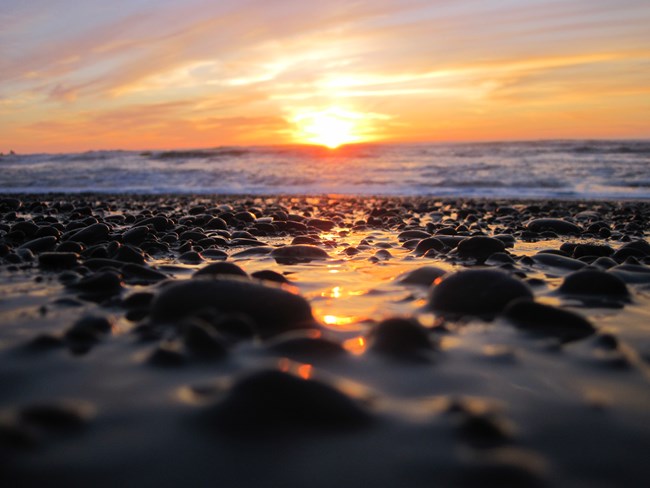 The setting sun casts orange light on the sea and dark, rocky beach.