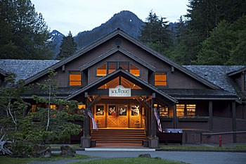 Sol Duc Hot Springs Resort main entrance at night.