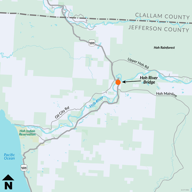 A map of a section of road, US 101, winding south and west from Clallam County into Jefferson county and turning to follow the Hoh River toward the Pacific Ocean. An orange dot when the road crosses the Hoh River is labeled Hoh River Bridge.