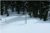 Weather instruments in snow-covered forest clearing.