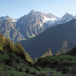 A mountain scene. A shaded meadow lies in the foreground. Past that lies a valley and a shaded, forested ridge. A mountain studded with snowfields rises in the background, illuminated by the sun.