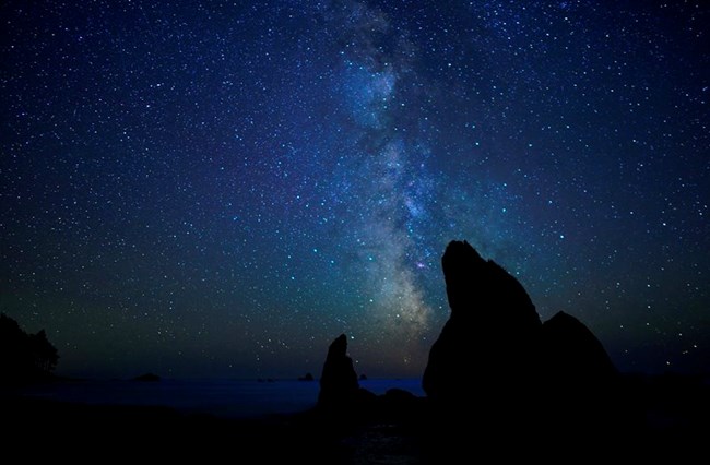 Milky Way shines in the night sky above rocky sea stacks in the ocean.