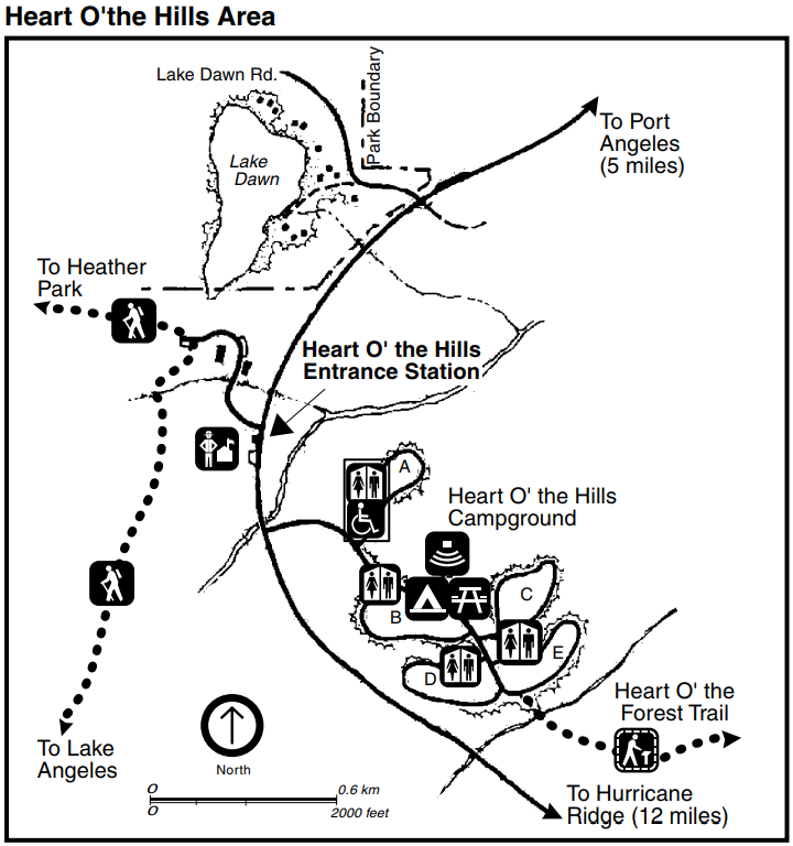 A map of the Heart O'the Hills area including campground, road, trails, park boundary, and Lake Dawn.