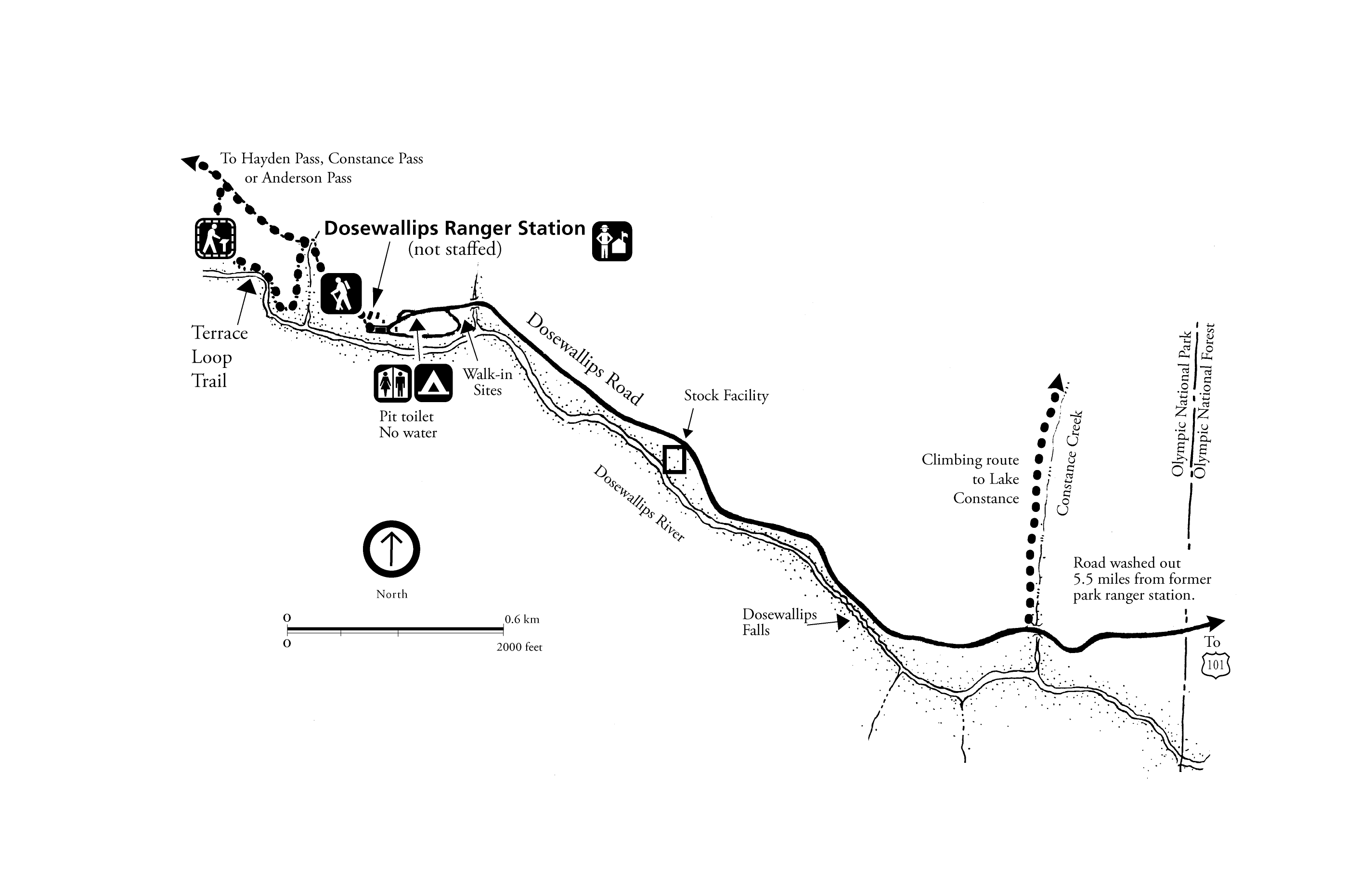 A map of the Dosewallips area, including roads, the Dosewallips River, hiking trails, a ranger station, and a campground.