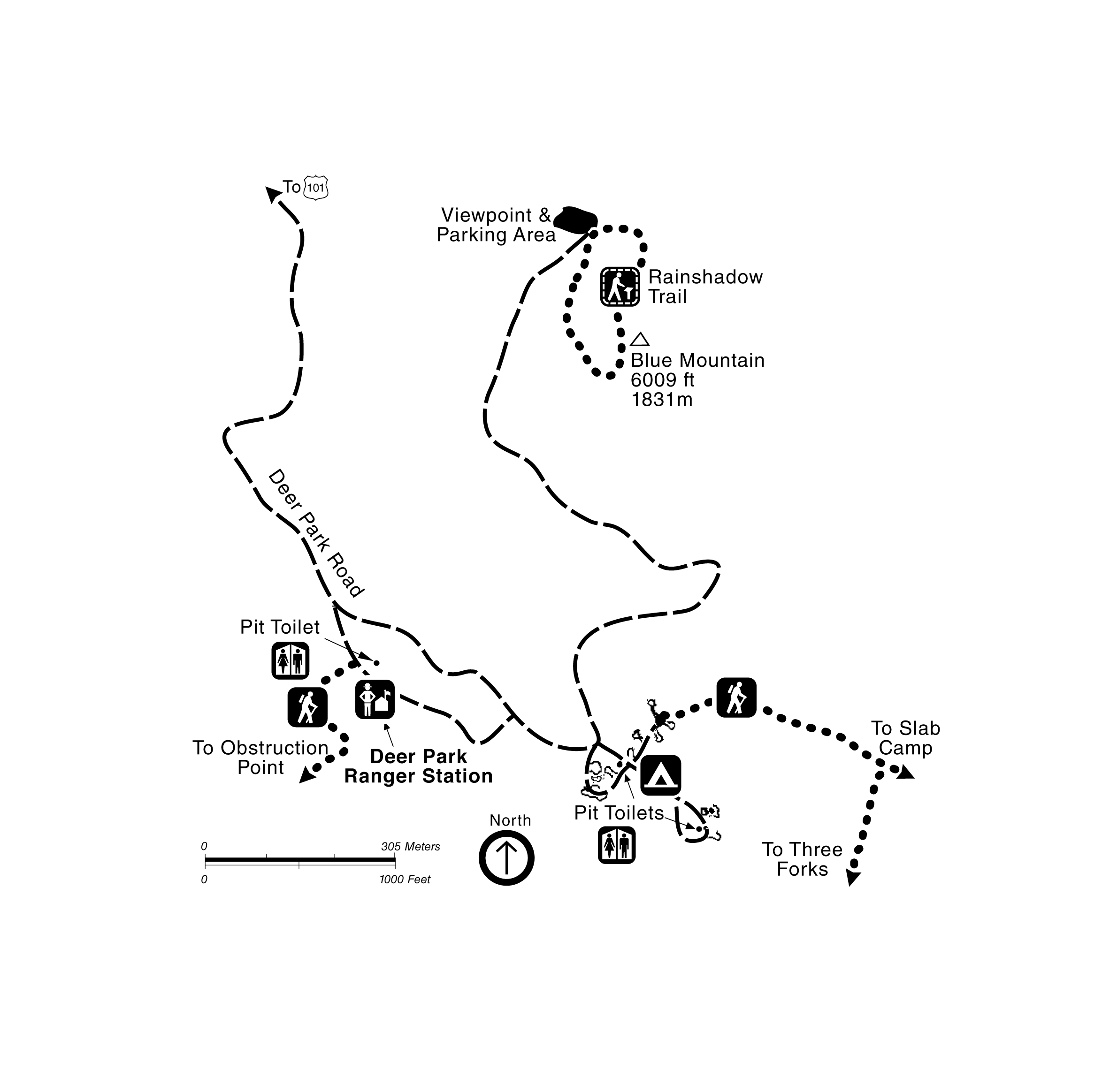 A map of the Deer Park area including raods, trails, Blue Mountain peak, campground, pit toilets, and the Deer Park Ranger Station.