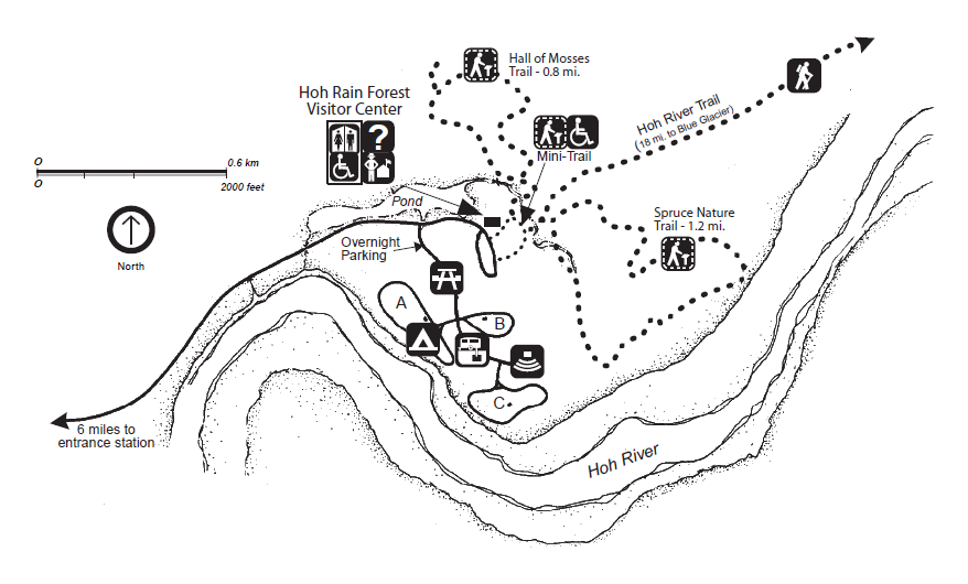 A map of the Hoh Rain Forest area, including trails, roads, campground, pond, Hoh Rain Forest Visitor Center, and Hoh River.