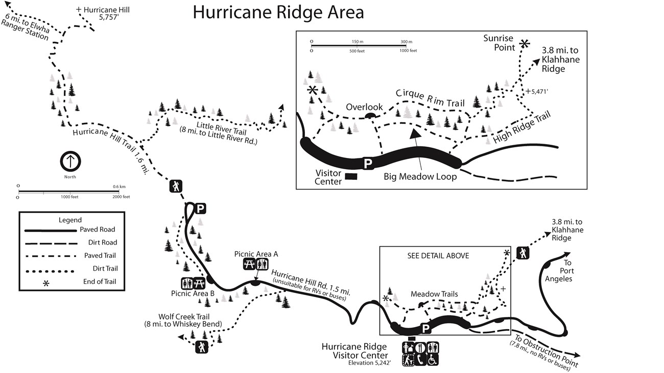 A map of the Hurricane Ridge area featuring hiking trails, parking, and a visitors center.