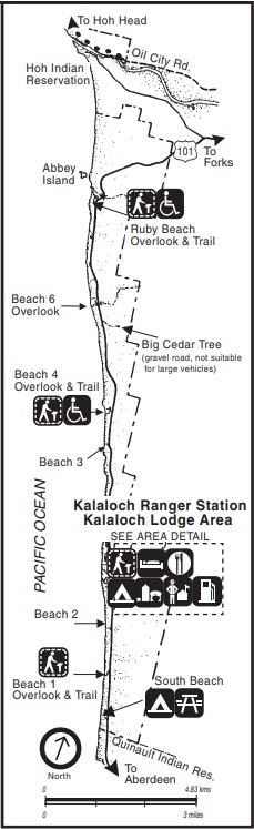 A map of the Kalaloch area, including beaches, roads, overlooks, trails, and Kalaloch Ranger Station and Kalaloch Lodge.