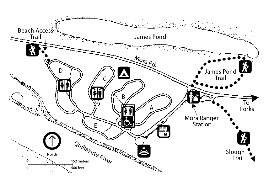 A map of the Mora area including Mora Road, James Pond, trails, campground, Mora Ranger Station, and the Quillayute River.