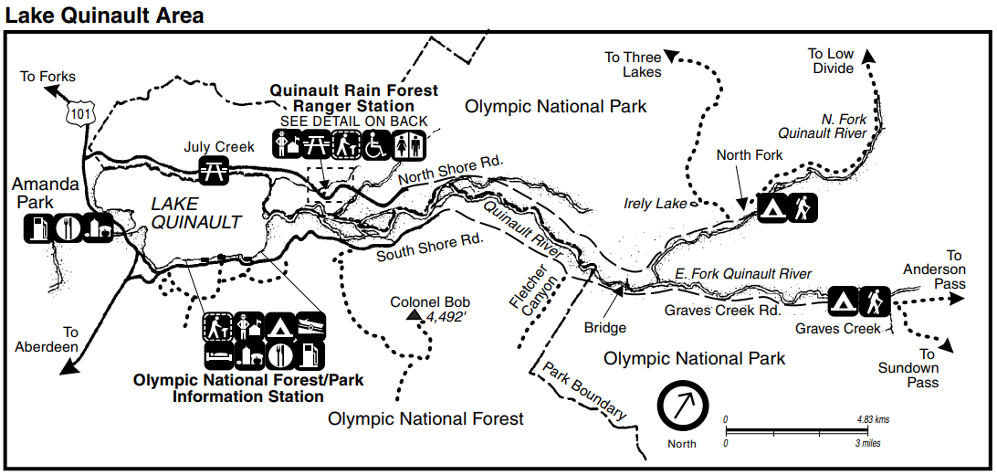 A map of the Quinault area including roads, trails, park boundary with Olympic National Forest, services, Lake Quinault, the Quinault Rain Forest Ranger Station, and the Olympic National Forest/Park Information Station.