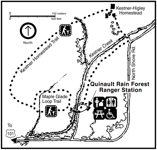 A map of the Quinault Rain Forest Ranger Station area, including the ranger station, road, trails, Kestner Creek, and the Kestner-Higley Homestead.
