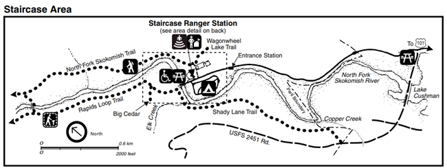 A map of the Staircase area including roads, trails, the North Fork Skokomish River, picnic areas, campground, and the Staircase Ranger Station.