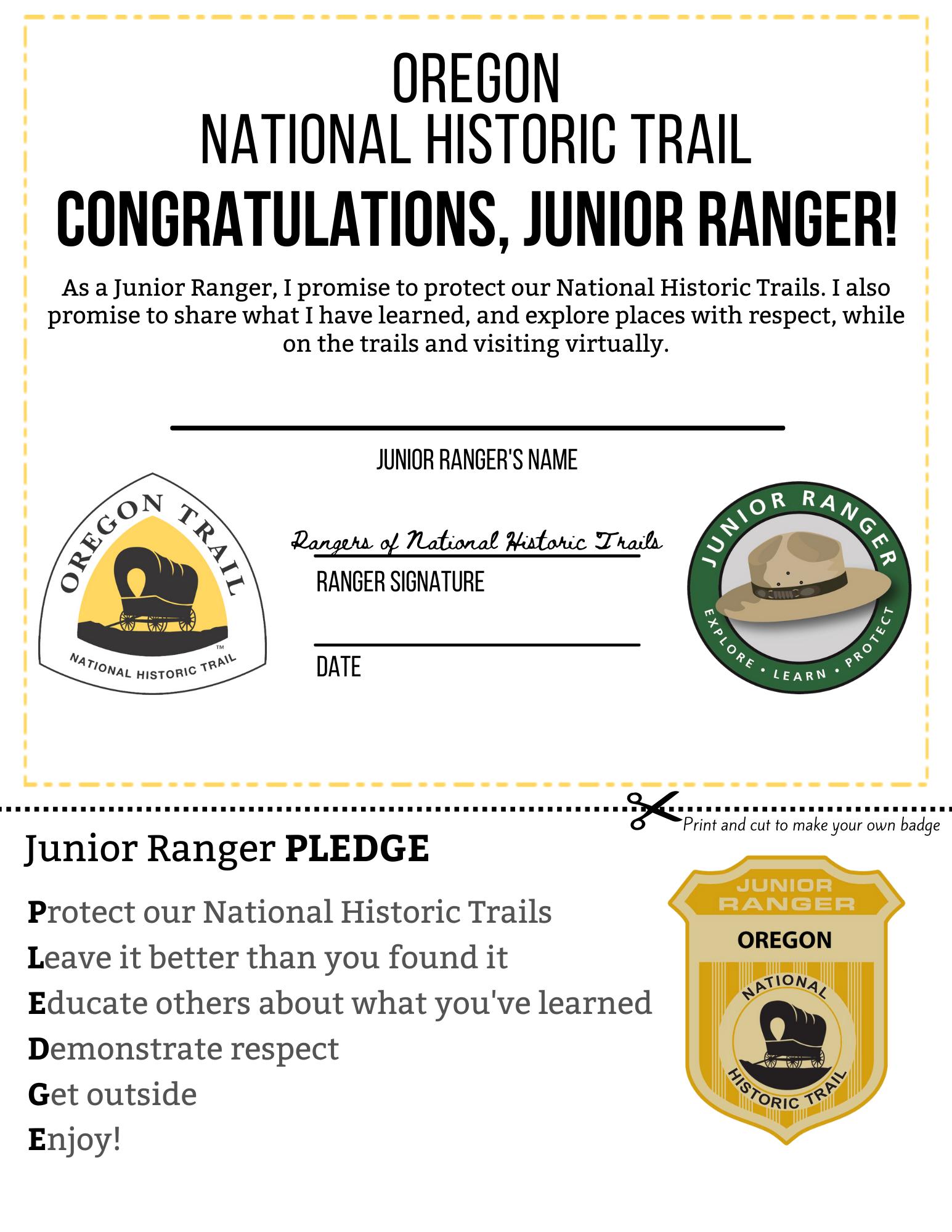 A certificate that features a junior ranger badge.