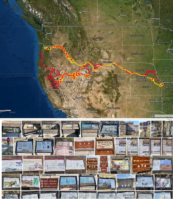 Map of USA showing a trail with a collage of trail sigh photos below.