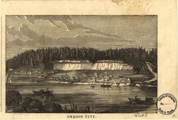 Historic drawing of boats on a river next to a forest.