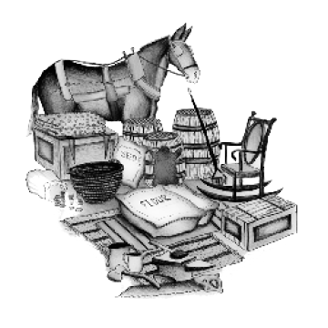 An illustration of a horse, next to supplies of flour, barrels of food, cups and plates, a rocking chair, a broom, an ax, baby clothes and barrels of food.