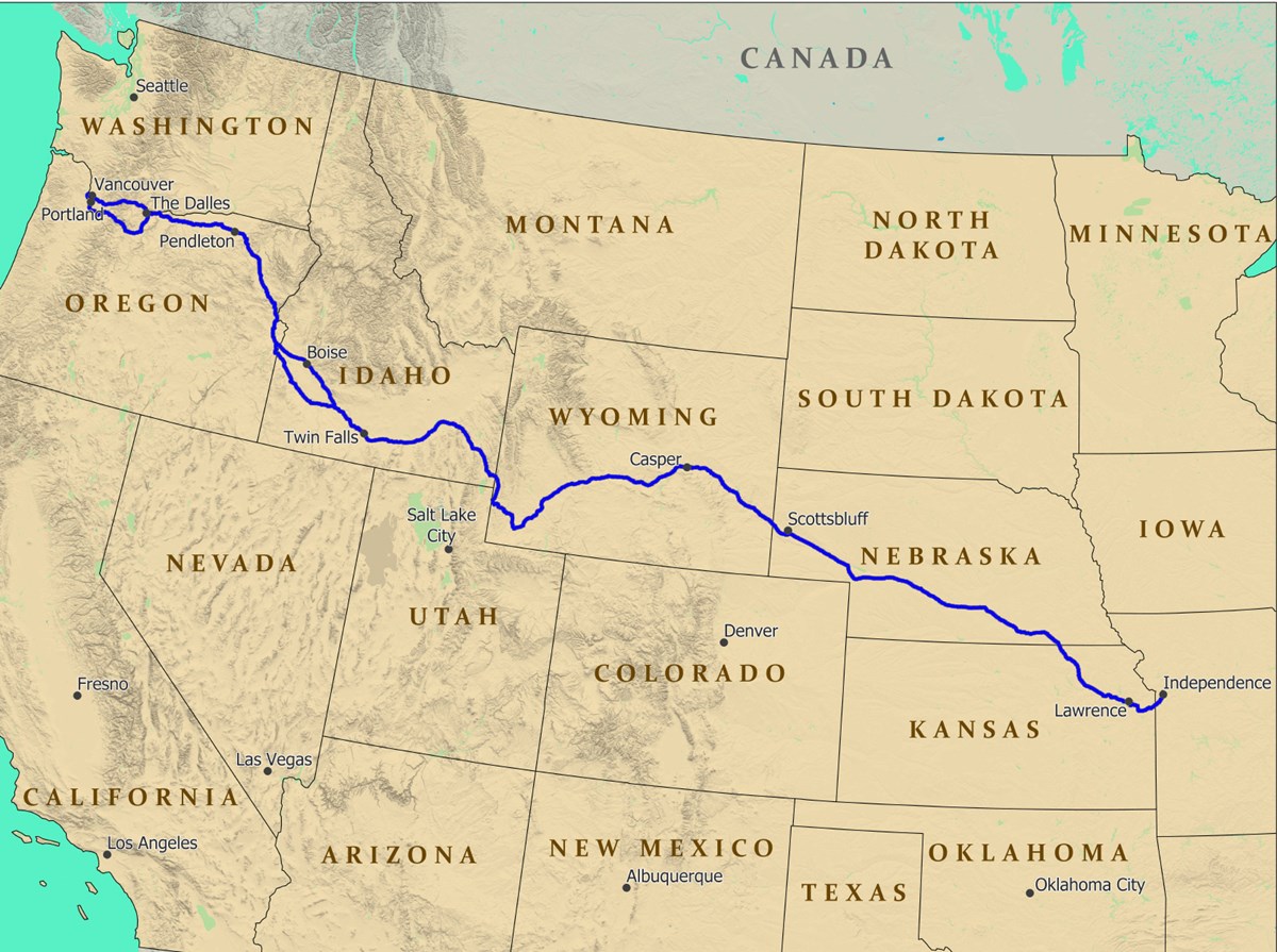 A map of the United States depicting a trail from the midwestern states to Oregon.