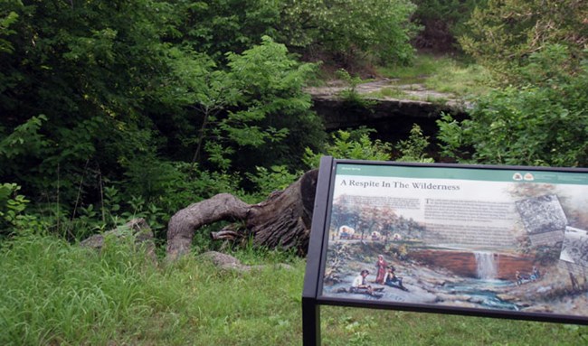 A wayside exhibit with an illustration of a waterfall stands in front of a rock shelf surrounded by green vegetation.
