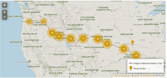 A map of the United States with a trail from the midwest to Oregon.