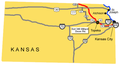 Map image showing the auto tour route driving directions across Kansas.