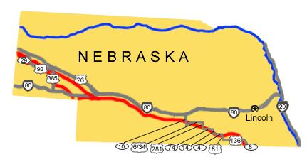 Image map of the auto tour route driving directions across Nebraska.