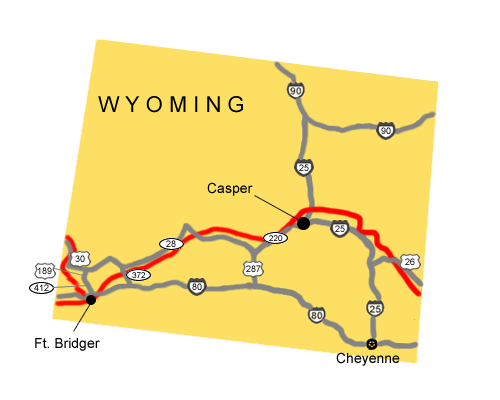 Map image of the auto tour route driving directions across Wyoming.
