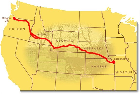 Image map showing the route of the Oregon National Historic Trail.